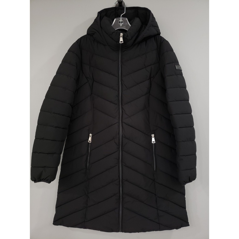 NWOT LARGE WOMENS DKNY Black Puffer Coat Hooded‎ Long Winter Jacket Parka LONG